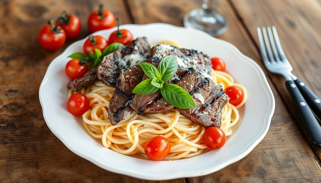 Delicious Beef Steak Pasta Presentation Delicious Beef Steak Pasta Presentation